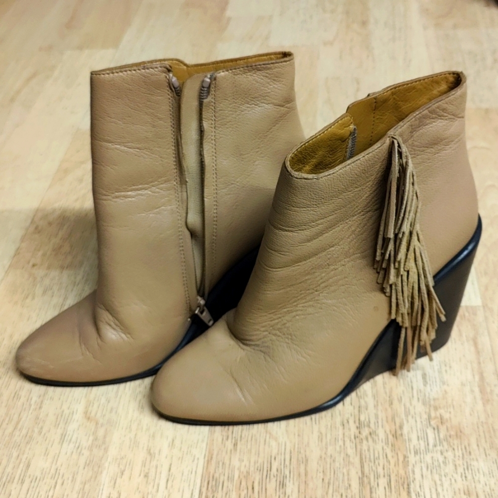 See by Chloe Leather Epona Fringe Wedge Ankle Boot Nude Size 38.5